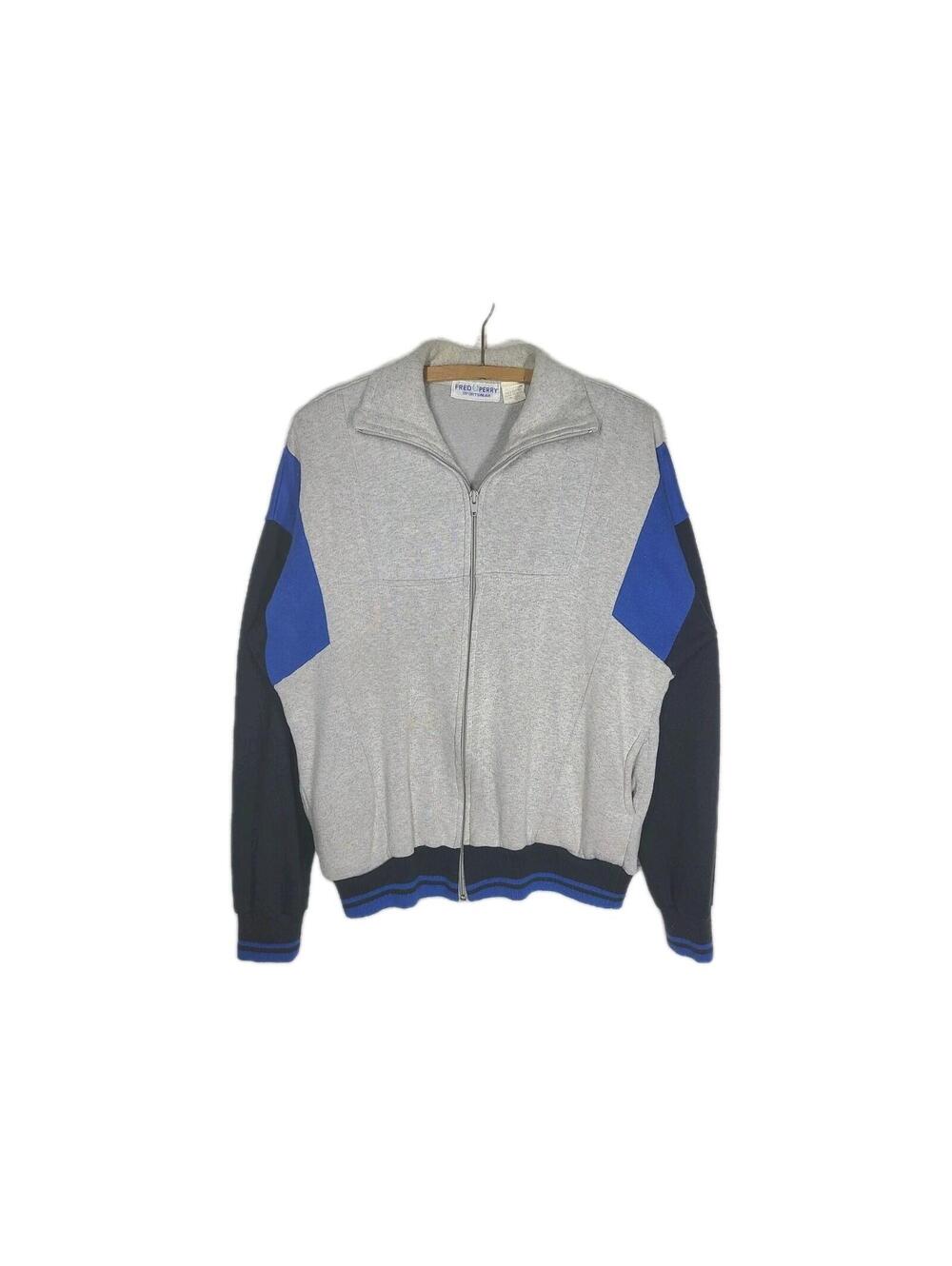 Vintage 80s Fred Perry Zip Sweatshirt Mens L Fleece Color Block Gray Blue Black